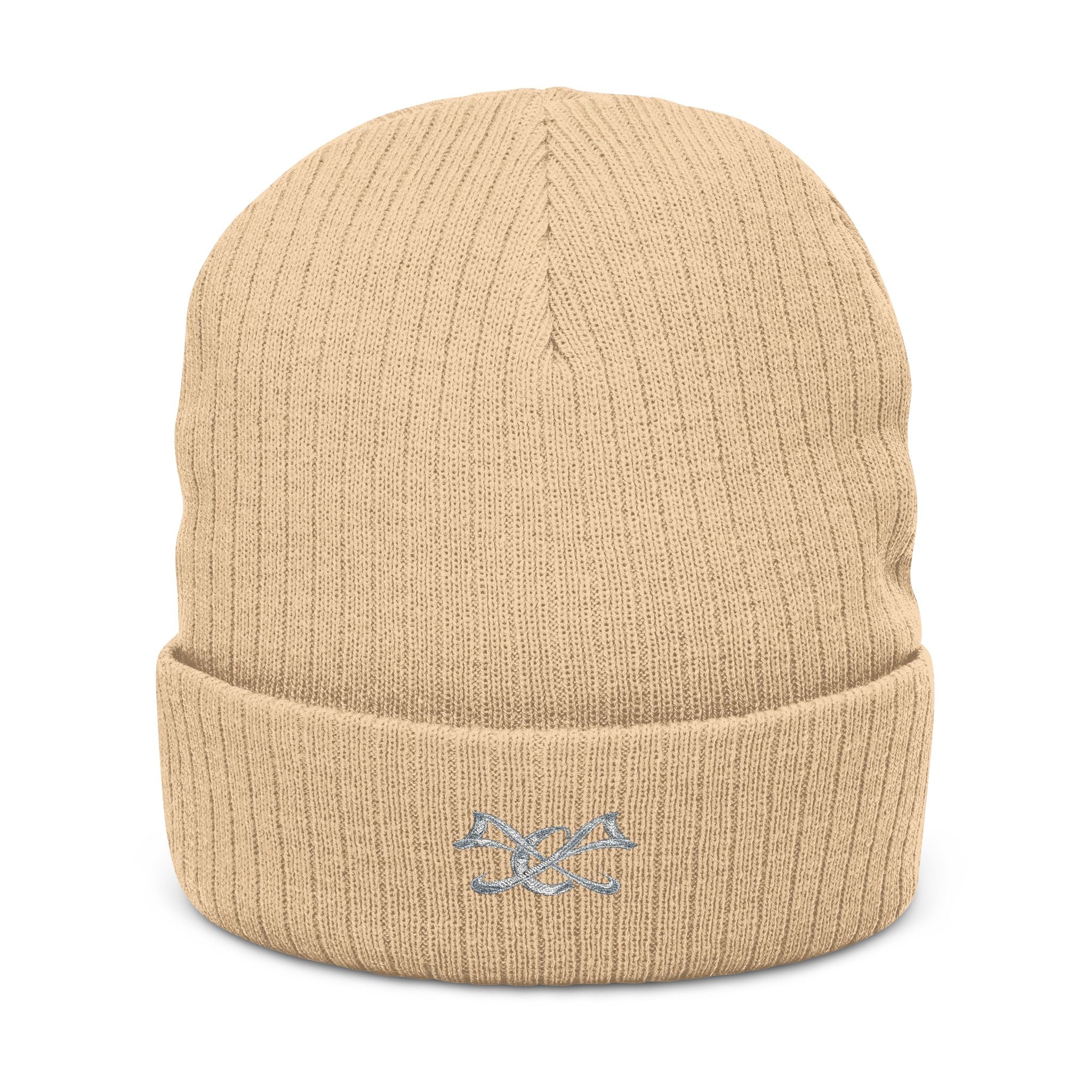 Embroidered Knot Ribbed Beanie — Black Knit Winter Hat