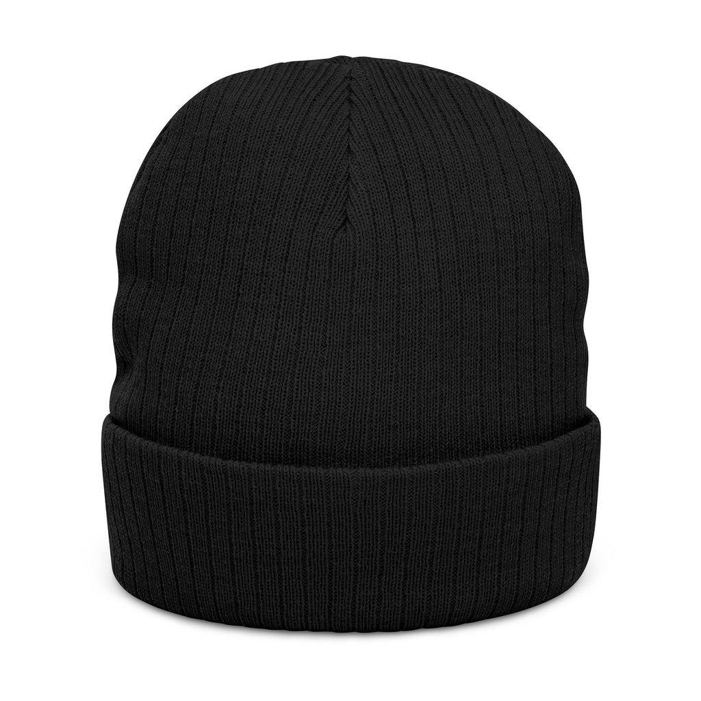 Embroidered Knot Ribbed Beanie — Black Knit Winter Hat