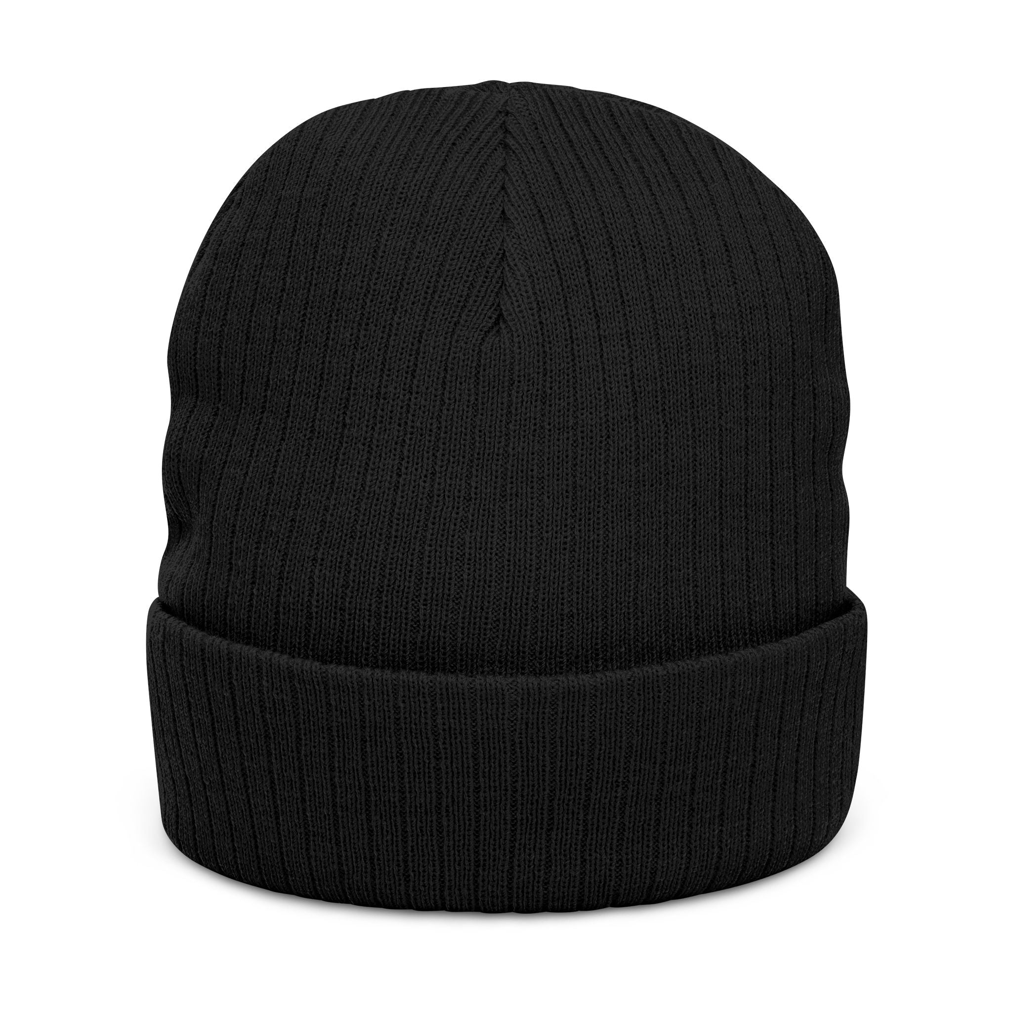 Embroidered Knot Ribbed Beanie — Black Knit Winter Hat