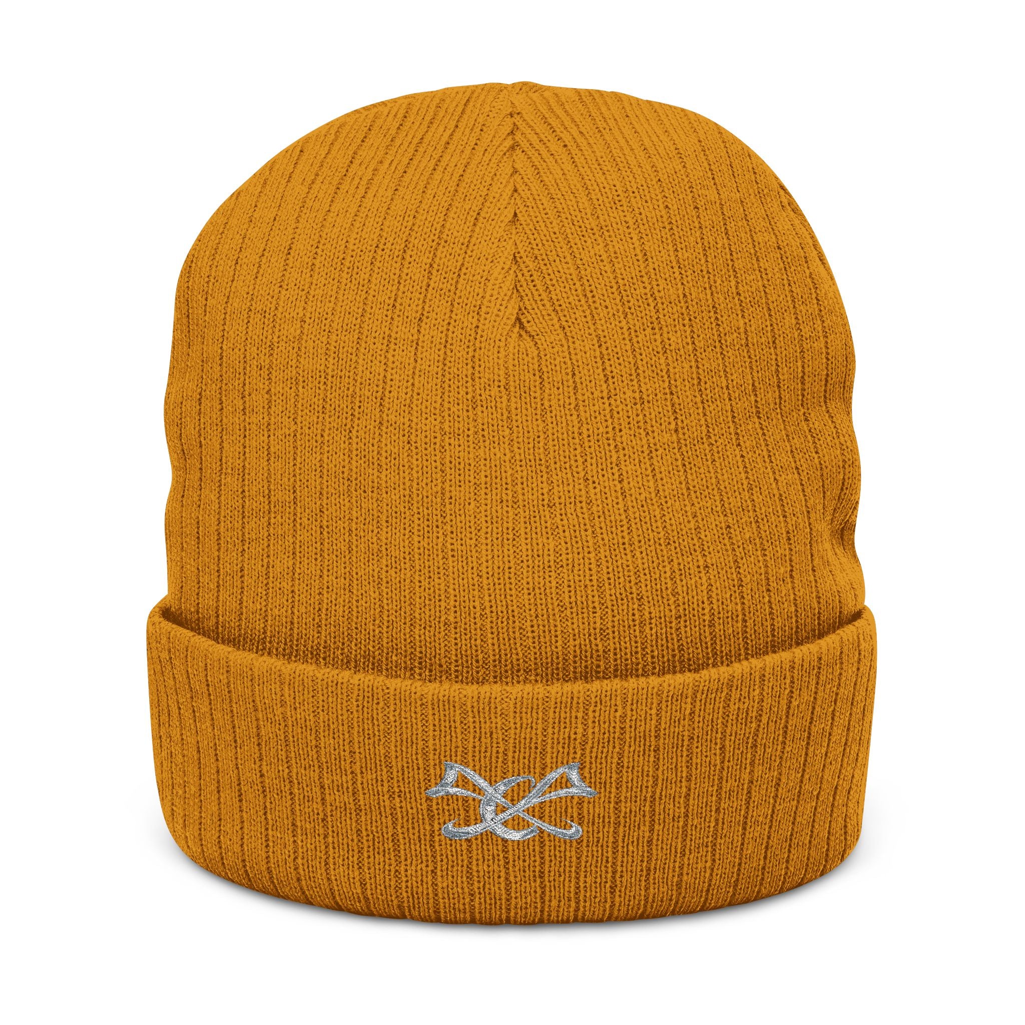 Embroidered Knot Ribbed Beanie — Black Knit Winter Hat