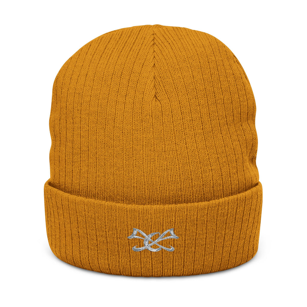 Embroidered Knot Ribbed Beanie — Black Knit Winter Hat