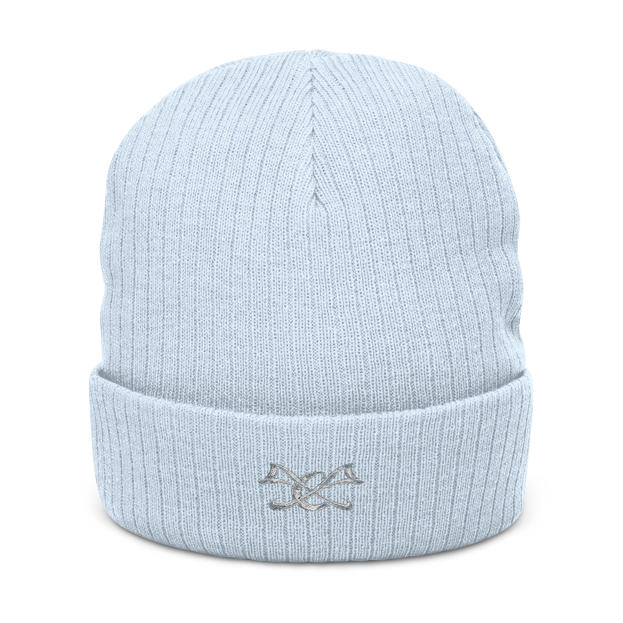 Embroidered Knot Ribbed Beanie — Black Knit Winter Hat