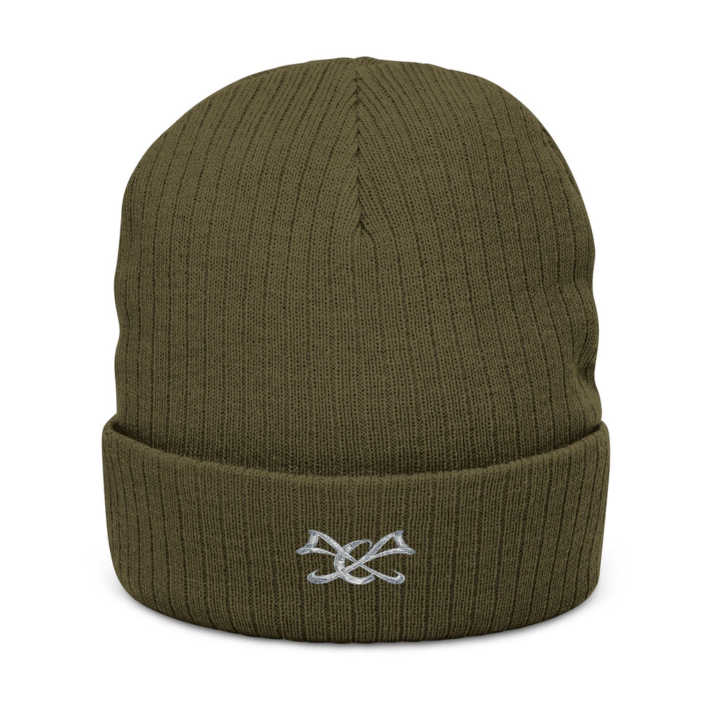 Embroidered Knot Ribbed Beanie — Black Knit Winter Hat