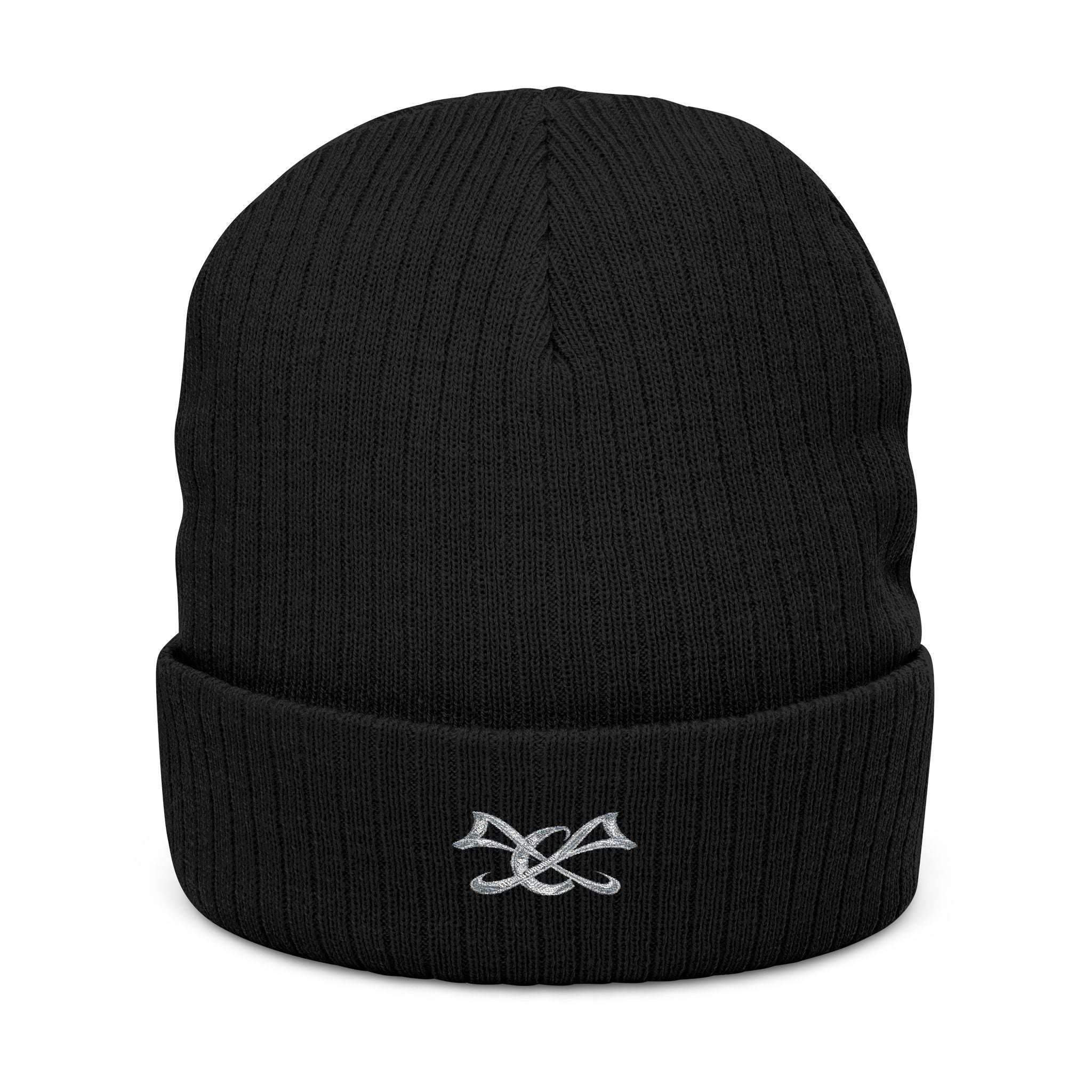 Embroidered Knot Ribbed Beanie — Black Knit Winter Hat
