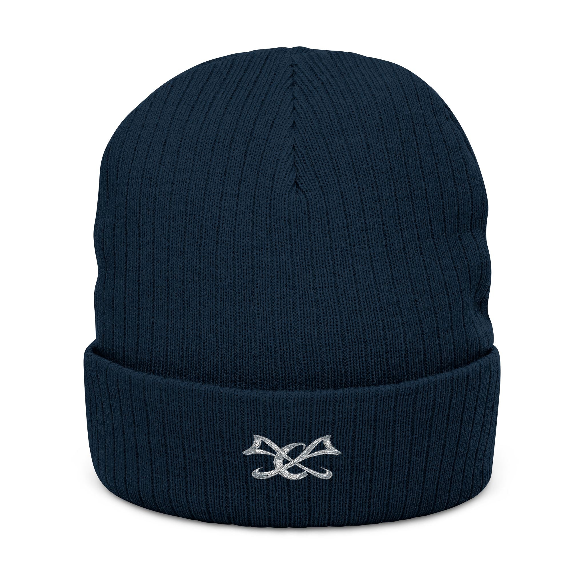 Embroidered Knot Ribbed Beanie — Black Knit Winter Hat