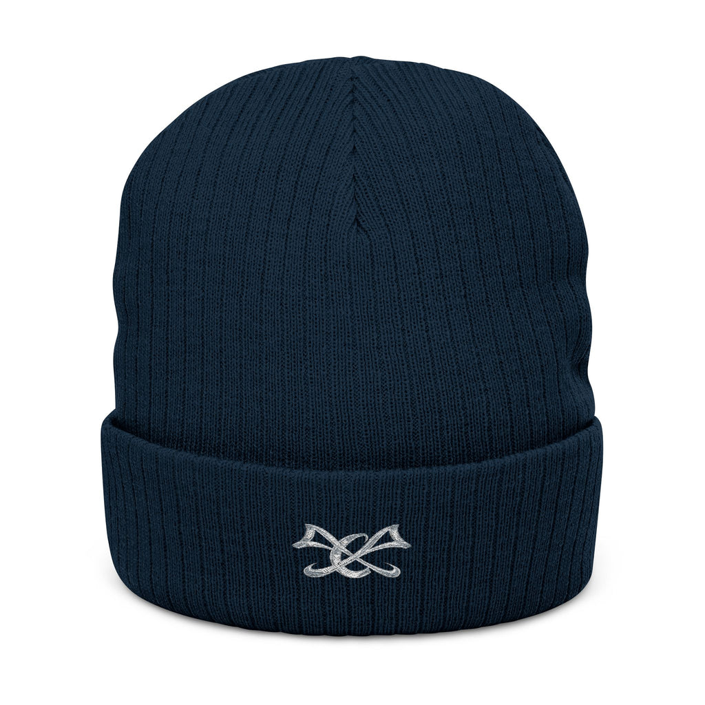 Embroidered Knot Ribbed Beanie — Black Knit Winter Hat