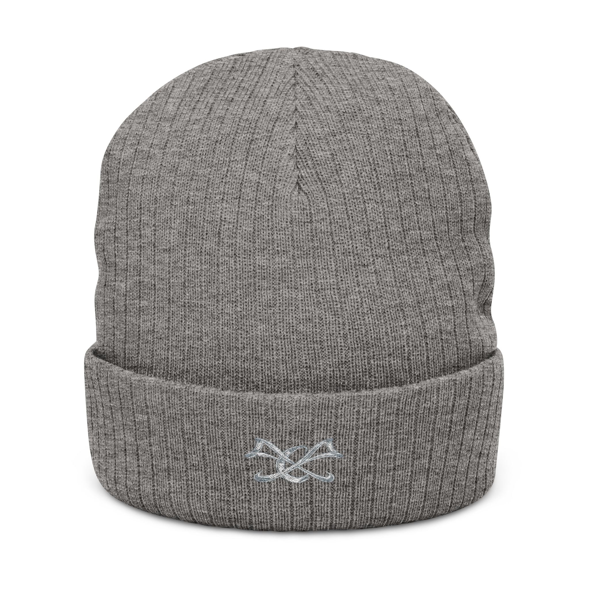Embroidered Knot Ribbed Beanie — Black Knit Winter Hat