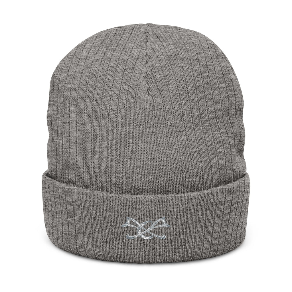Embroidered Knot Ribbed Beanie — Black Knit Winter Hat