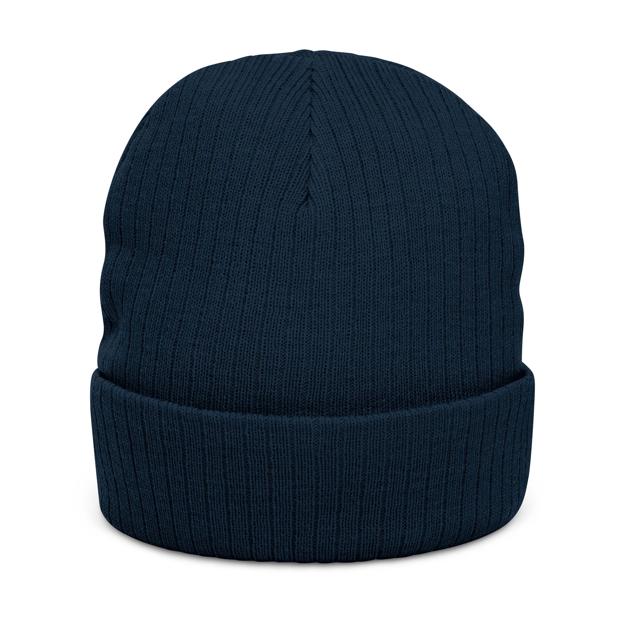 Embroidered Knot Ribbed Beanie — Black Knit Winter Hat