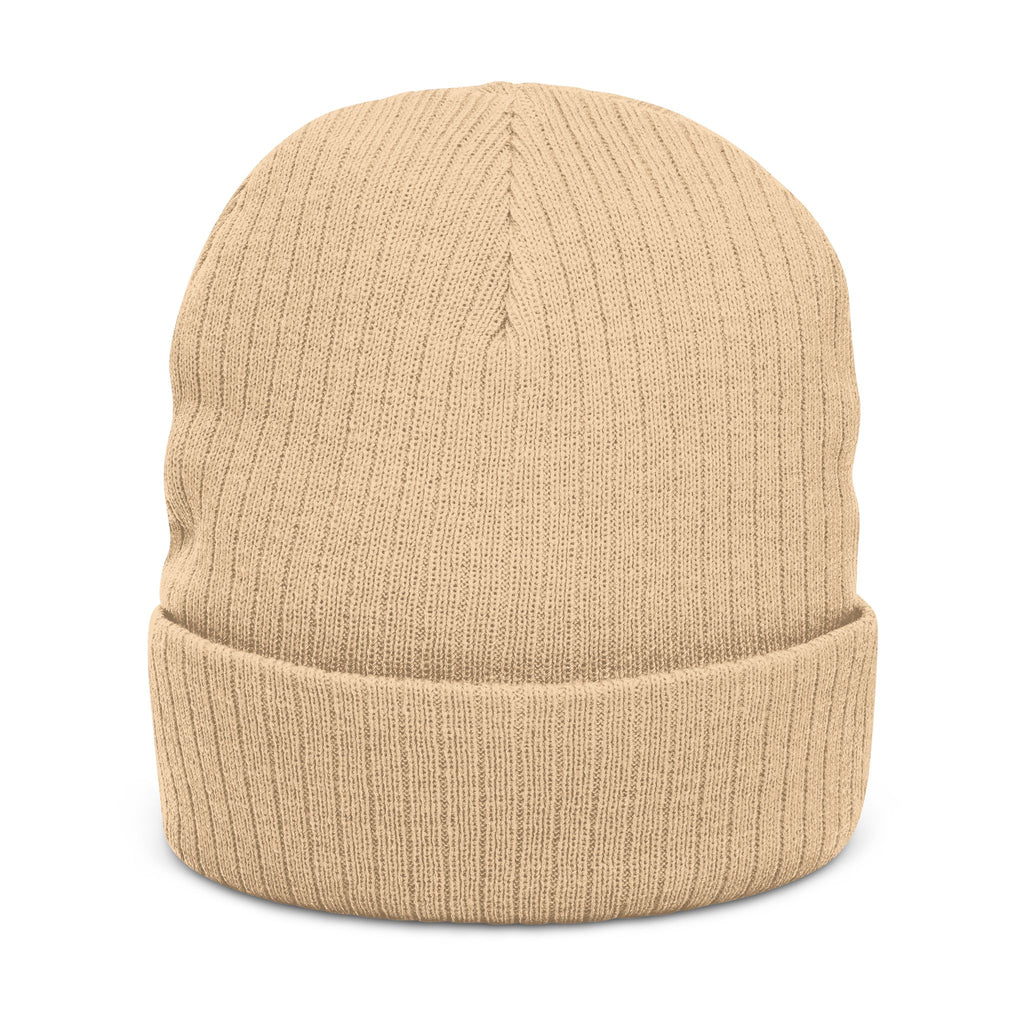 Embroidered Knot Ribbed Beanie — Black Knit Winter Hat